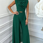 Women's Cowl Neck Wide Leg Jumpsuit High Waist Sleeveless Chiffon Overlay Spliced Evening Overalls with Belt