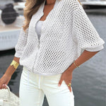 Women's Hollow Out Half Sleeve Knit Coat Baseball Collar Zipper Up Drawstring Hem Crop Jacket