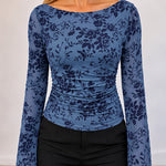 Women's Flocked Floral Boat Neck Sheer Mesh Long Sleeve Top Ruched Pullover