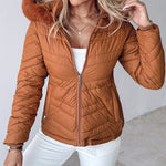 Zipper Pocket Design Shirred Fuzzy Trim Fleece Lined Hooded Puffer Jacket