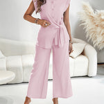 2 Pieces Outfit Turn-down Collar Cap Sleeve Button Front Tied Detail Top and Casual Zipper Fly Elastic Back Waist Wide-Leg Pants Set