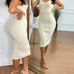 V-Neck Sleeveless Hollow-out Pattern Spliced Bodycon Dress Backless Side Slit Knit Dress