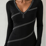 Women's Deep V Neck Rhinestone Top Slim Fit Long Sleeve Ribbed Knit Tee Sparkly Blouse