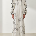 Loose Contrast Color Falbala Flower Print Hollow Zipper Maxi Dresses