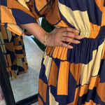 Colorblock Geometric Print V-Neck Batwing Sleeve Ruched Waist Overalls Casual Cinched Waist Wide Leg Jumpsuit