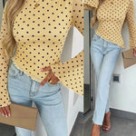 Women's Polka Dot Mesh Top Flare Long Sleeve Boat Neck Lined Asymmetric Frill Hem Blouse Vintage Party Shirt