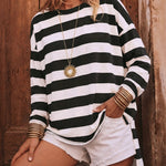 Women's Striped T Shirt Long Sleeve Drop Shoulder Crewneck Tee Side Slit Casual Loose Fit Top