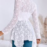 Lace Trim V Neck Button Front Blouse Elegant Asymmetrical Ruffle Hem Top