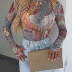 Women's Vintage Print Sheer Mesh Top Long Sleeve Slim Fit Tee with Thumb Holes
