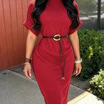 Women's Mock Neck Ribbed Knit Midi Dress Short Sleeve Turn-Up Cuffs Work Dress with Belt