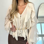 V Neck Shoulder Ruffles Design Blouse Casual Button Front Long Sleeve Top