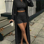 3 Pieces Outfit Sleeveless Half Button Front Crop Tank Top and High Waist Elastic Waist Shorts Set with Longline Cardigan Casual Rhinestone Decor Textured Set