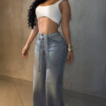 Allover Rhinestone Decor High Waist Zipper Fly Jeans Casual Flared Denim Pants with Rhinestone Decor Belt