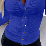 Long Sleeve Button Down Shirt Collar Neck Ruched Fitted Top