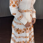 Floral Placement Print Turn-down Collar Puff Sleeve Vacation Dress Casual Button Down Shirt Dress With Belt and Lining