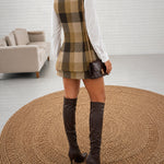 Women's Plaid Two Piece Set Lapel Single Breasted Vest and A Line Skirt with Built-In Shorts Elegant Matching Outfits