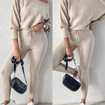2 Pieces Outfit Skew Neck Long Sleeve Loose Pullover Top and Drawstring High Waist Slim Fit Pants Set
