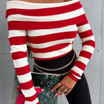 Women's Foldover Off Shoulder Striped Pullover Long Sleeve Slim Fit Knit Top