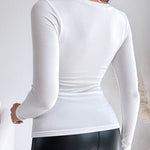 Built In Bra U Neck Tee High Stretchy Knit T-Shirt Long Sleeve Top