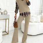 Vintage Plaid Print Spliced Turn-down Collar Long Sleeve Faux Two-Piece Top and Elastic Waist Pants Set Casual Ribbed Brushed Commuting Set