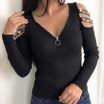Women's Sexy Cold Shoulder Rib-Knit Top Rhinestone Strappy Long Sleeve V-Neck Zipper Slim Fit Pullover