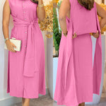 Turn-down Collar Sleeveless Button Front Shirt Dress Casual Open Back Tied Detail Commuting Dress