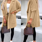 Notched Collar Long Sleeve Single Breasted Coat Casual Mid-legth Fuzzy Coat with Pockets