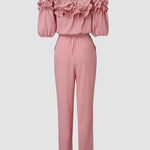 Frill Trim Off Shoulder Short Sleeve Tie Waist Overalls Casual Textured Jumpsuit