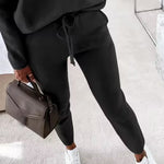 2 Pieces Outfit Long Sleeve Skew Neck Pullover Top and Drawstring Elastic Waist Slim Fit Pants Set