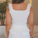 Contrast Lace Sleeveless Square Neck Crop Tank Casual Frill Hem Metal Button Decor Ribbed Knit Top