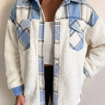 Women's Plaid Patchwork Fleece Shacket Casual Long Sleeve Button Down Faux Shearling Jacket