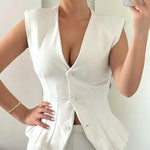 Women's Suede 2 Piece Outfits Deep V Neck Button Up Peplum Vest and High Waisted Flare Pants Set with Pockets