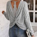 Women's Long Sleeve Knit Top Backless Twist Lace Panel Casual Tee
