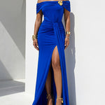 Women's Off Shoulder Ruched Gold Flower Draped Evening Gown Side Slit Mermaid Maxi Dress