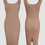 2 Pieces Outfit U-Neck Slit Back Slim Fit Knit Tank Dress and Pearl Button Front Baseball Coat Casual Ribbed Set