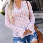 Women's V Neck Floral Lace Top Long Sleeve Flare Cuff Sheer Slim Fit Blouse