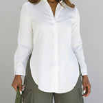 Turn-down Collar Roll Up Sleeve Button Front Shirt Casual Side Slit Curved Hem Top