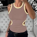 Women's Ribbed Contrast Trim Tank Top Sleeveless Crew Neck Cutout Slim Fit Stretch Casual Top