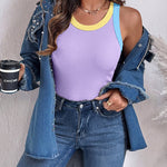 Women's Contrast Trim Ribbed Tank Top Slim Fit Sleeveless Round Neck Basic Camisole for Streetwear & Layering