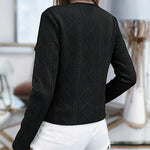 Women's French Style Cropped Jacket Round Neck Gold Button Coat Argyle Cable Jacquard Knit Outerwear