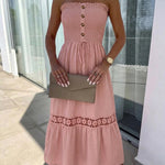 Women's Strapless Shirred Maxi Dress Lace Splice Tied Detail Frill Trim Sundress with Detachable Clear Straps