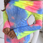 Tie Dye Print Foldover Off Shoulder Long Sleeve Textured Bodycon Dress Casual Ripped Detail High Strech Vacation Dress