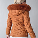 Zipper Pocket Design Shirred Fuzzy Trim Fleece Lined Hooded Puffer Jacket