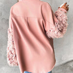 Sequin Decor Turn-down Collar Button Front Pockets Design Denim Coat Casual Fuzzy Spliced Raw Trim Shacket
