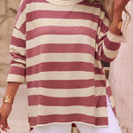 Women's Striped T Shirt Long Sleeve Drop Shoulder Crewneck Tee Side Slit Casual Loose Fit Top