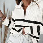 Women's Half Zip Striped Sweater Colorblock Turn-down Collar Knit Pullover Drop Shoulder Loose Fit Top