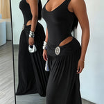 Women's 2 Piece Outfits Sleeveless Slim Fit Bodysuit and Rhinestone High Waist Ruched Wide Leg Pants Set