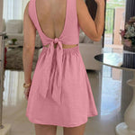 Square Neck Thick Strap Open Back Tie Back Textured Romper Casual Elastic Back Waist Backless Cinched Waist A Line Skorts Romper