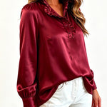 Women's Satin Frill Hem Blouse Long Sleeve Half Button Shirt Elegant Stand Collar Office Work Top