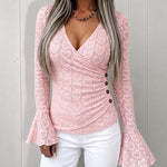 Women's Heart Jacquard Overlap V Neck Top Flare Long Sleeve Side Button Ruched Blouse Slim Fit Wrap Top